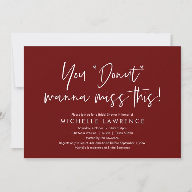 Casual Burgundy, Fun, Bridal Shower Doughnut Party Invitation (Front)