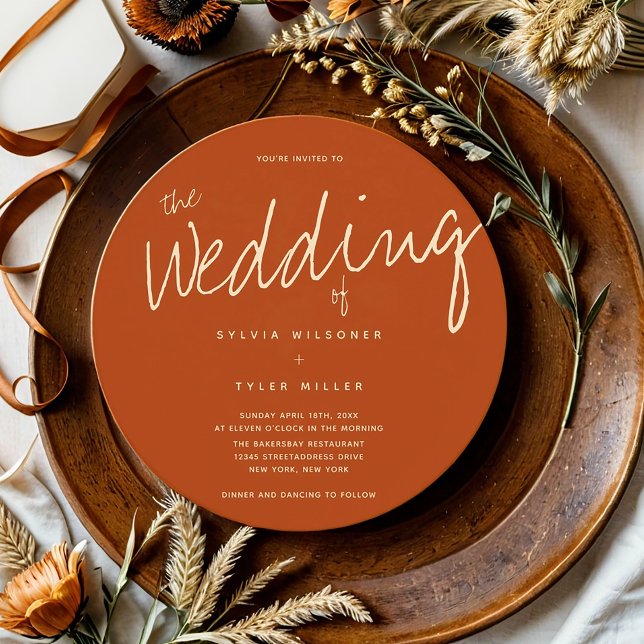 Casual Burnt Orange Typography Wedding Invitation (Get this round, burnt orange, invitation for your wedding.)