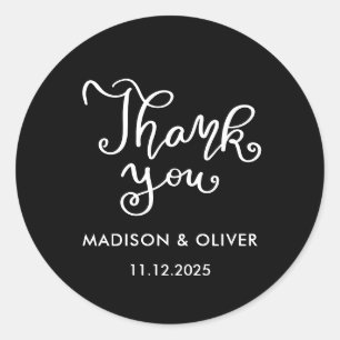 Casual Chic Script Thank You Black Wedding Classic Round Sticker