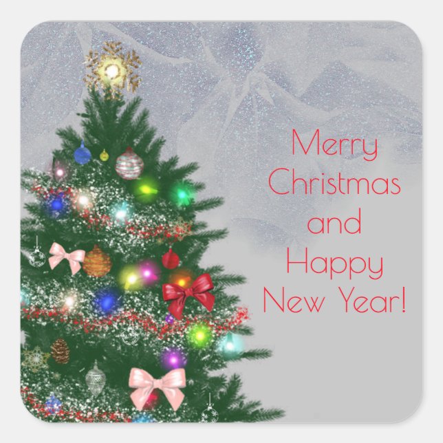 Casual colourful decorated Christmas tree Square Sticker (Front)