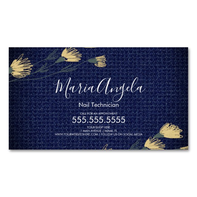 Casual Denim and Wild Flowers Salon Beauty Busines Magnetic Business Card (Front)
