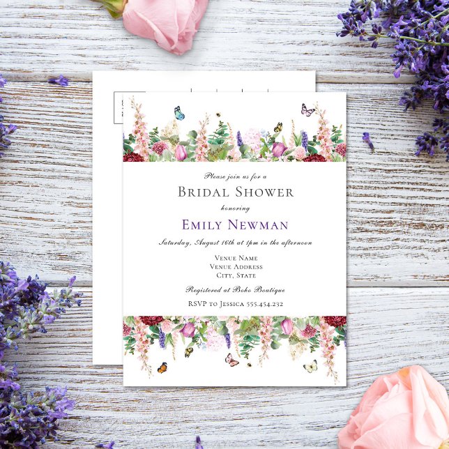 Casual Florals & Butterflies Bridal Shower Invitation Postcard (Creator Uploaded)