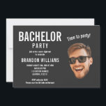 Casual Funny Custom Photo Bachelor Party Invitation<br><div class="desc">Bold and funny black bachelor party invitation with a cut-out photo of the groom-to-be, large statement typography, and casual modern layout. Perfect for a fun guys’ night celebration, this design is easy to personalise with your date, custom details, and location for a laid-back bachelor night out. Add a QR code...</div>