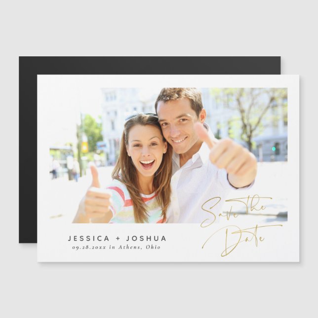 Casual Gold Script Minimalist Photo Save the Date Magnetic Invitation (Front/Back)