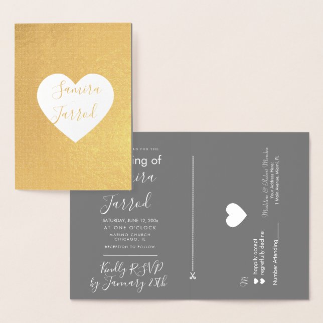 Casual Grey and Gold Heart Rsvp and Wedding Card (Display)