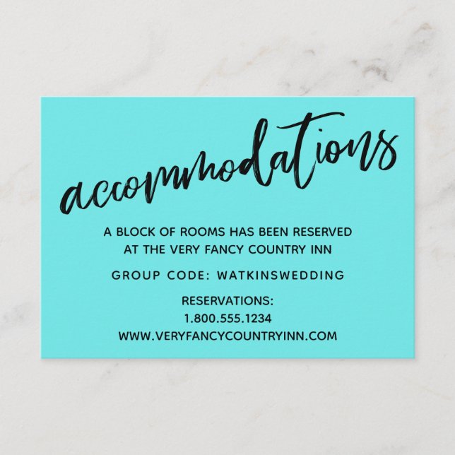 Casual Handwriting Aqua Wedding Accommodations Enclosure Card (Front)