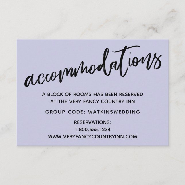 Casual Handwriting Lavender Wedding Accommodations Enclosure Card (Front)