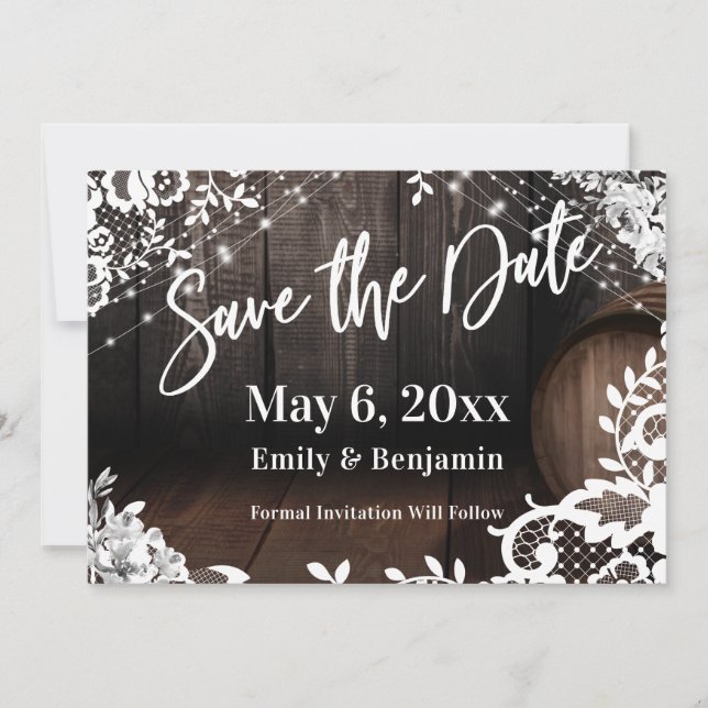 Casual Handwriting Lights Lace & White Flowers Save The Date (Front)