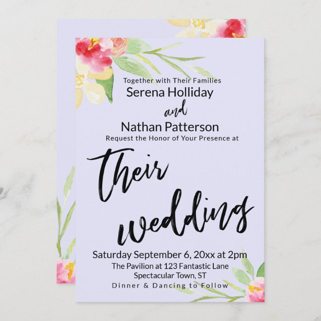 Casual Handwriting Painted Floral Lavender Wedding Invitation (Front/Back)