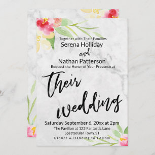 Casual Handwriting Painted Flowers Marble Wedding Invitation