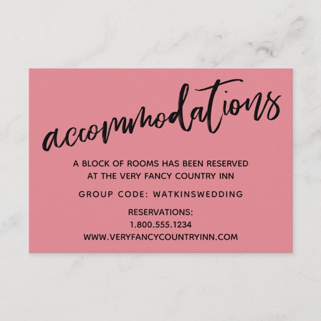Casual Handwriting Pink Wedding Accommodations Enclosure Card (Front)