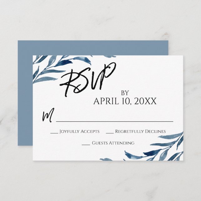 Casual Handwriting Script Blue Painted Leaves RSVP Card (Front/Back)