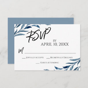 Casual Handwriting Script Blue Painted Leaves RSVP Card