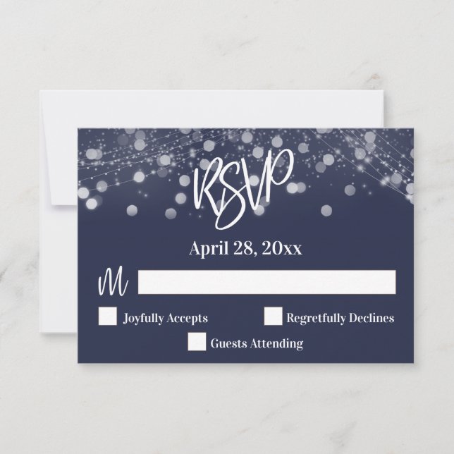 Casual Handwriting Typography Lights Navy Blue RSVP Card (Front)