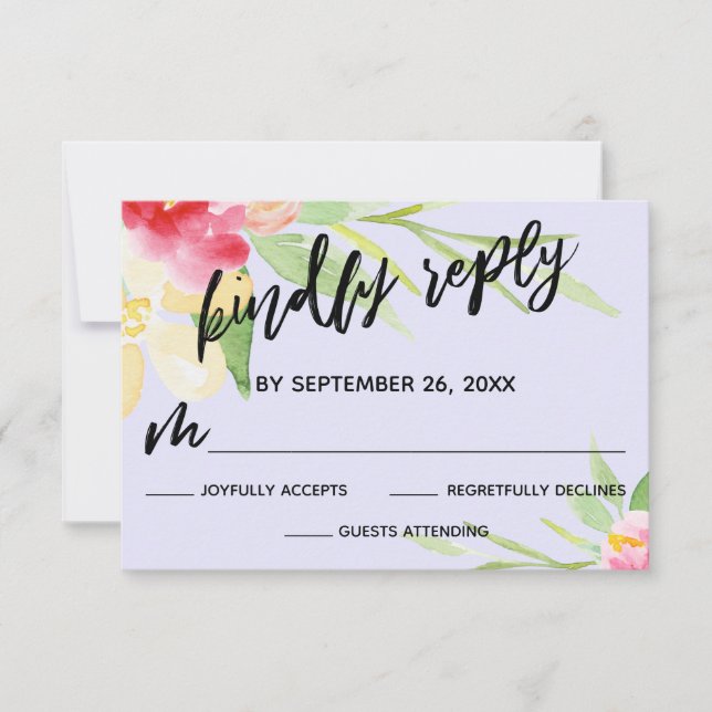 Casual Handwriting Watercolor Flowers Lavender RSVP Card (Front)