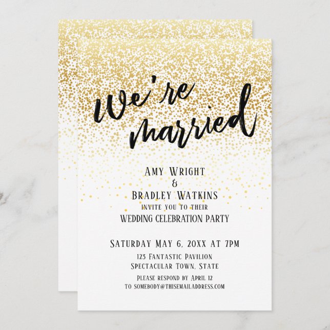 Casual Handwriting We're Married Gold Confetti Invitation (Front/Back)