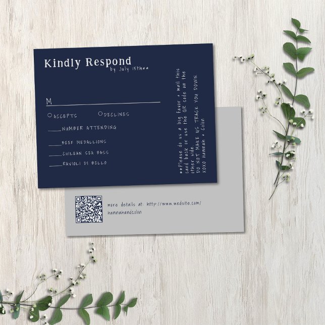 Casual Handwritten Typography Silver & Navy RSVP Card (Creator Uploaded)