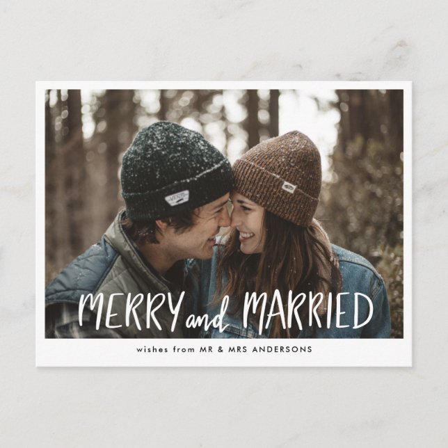 Casual Merry And Married Script Couple Photo Holiday Postcard (Front)