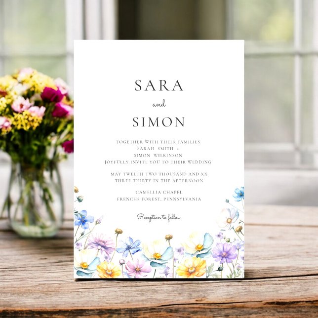 Casual minimal modern wildflower wedding invitation (Modern Wildflower Wedding Invitation Set | Elegant Double-Sided Design with Watercolor Floral )