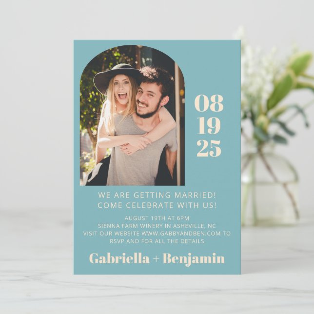 Casual Minimalist Photo Teal Blue Wedding Invitation (Standing Front)