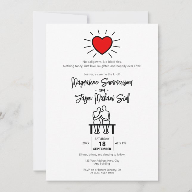Casual Minimalist Red Heart Hand-Drawn Couple Invitation (Front)