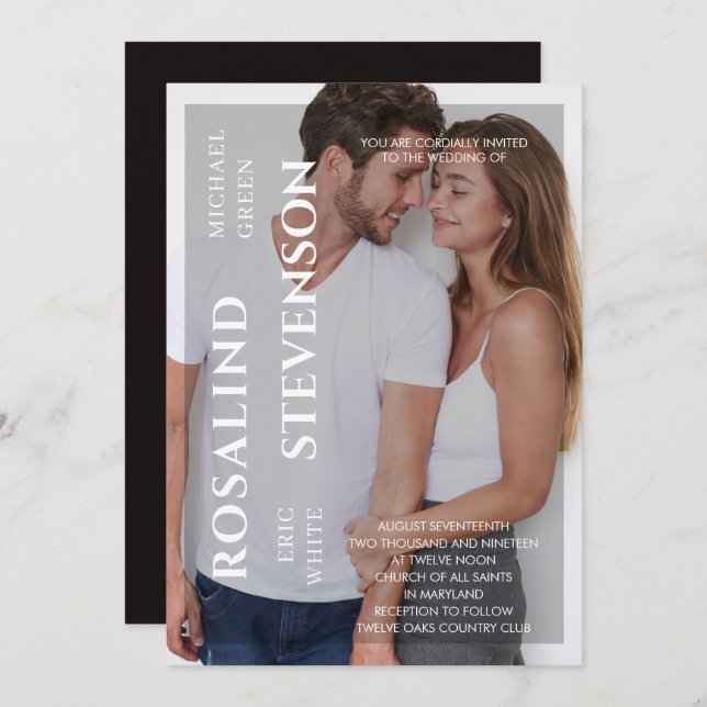 Casual Minimalistic Black White Photo Wedding Invitation (Front/Back)