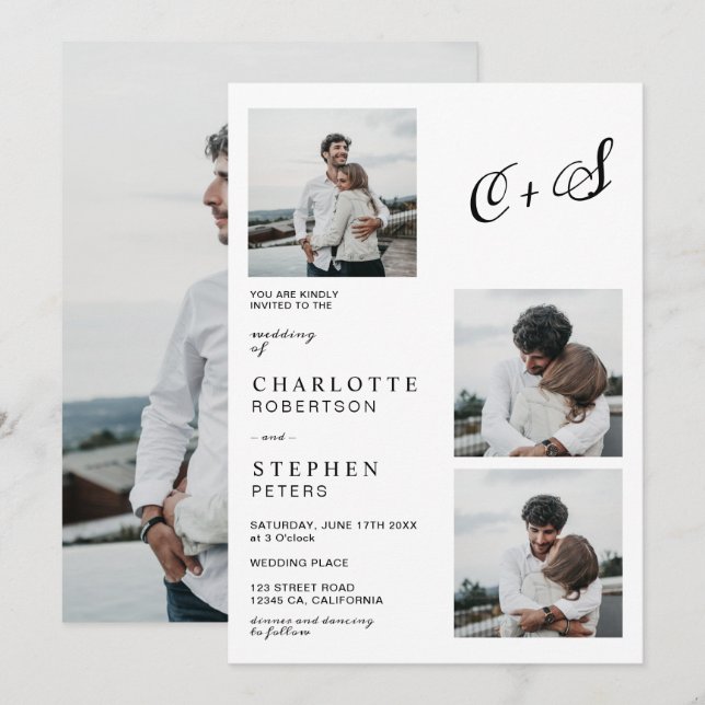 Casual modern minimalist initials photo wedding invitation (Front/Back)