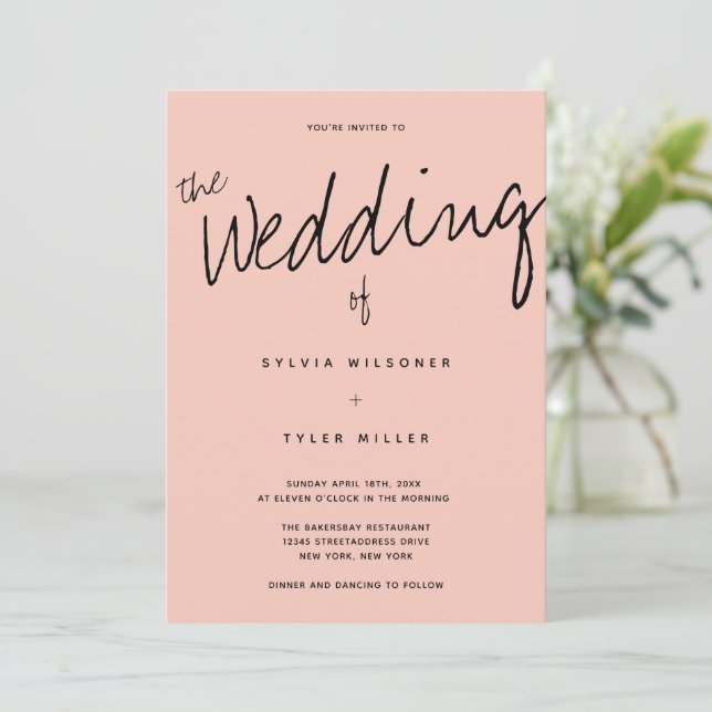 Casual Modern Pink Black Typography Wedding Invitation (Standing Front)