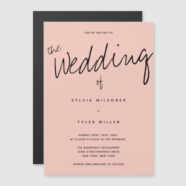 Casual Modern Pink Black Typography Wedding Magnetic Invitation (Front/Back)