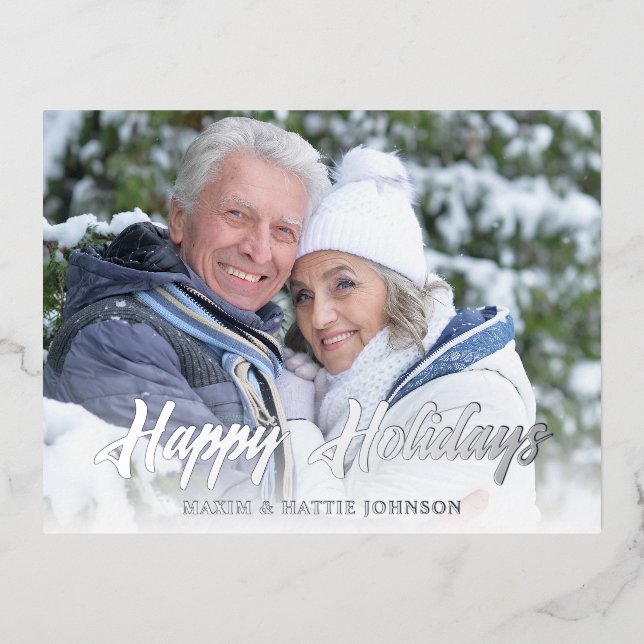 Casual Modern Script Happy Holidays Winter Photo Foil Holiday Postcard (Front)
