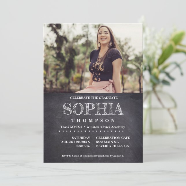 Casual Photo Chalkboard Celebrate the Graduate  Invitation (Standing Front)