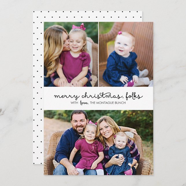 Casual Script 3 Photo Christmas Holiday Flat Card (Front/Back)