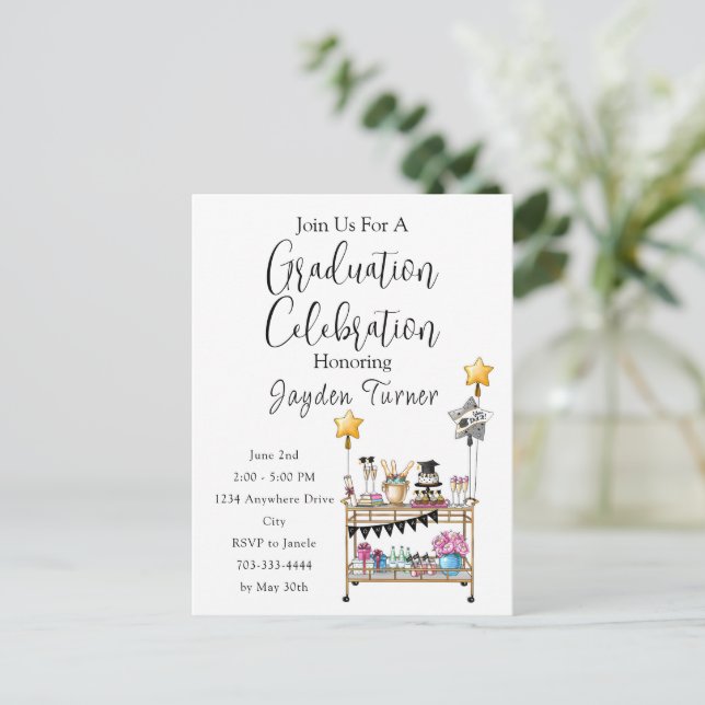 Casual Script Bar Cart Graduation Invitation Postcard (Standing Front)