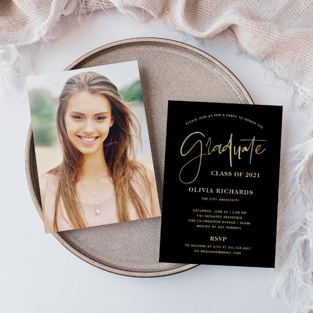 Casual Script Black and Gold | Grad Party Invitation (Creator Uploaded)