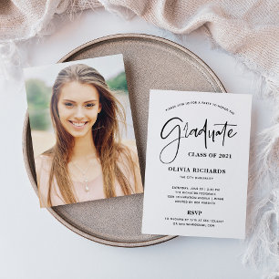 Casual Script Black and White Grad Party Invitation