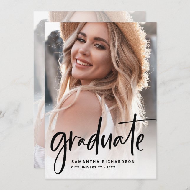 Casual Script Black | Two Photo Graduation Party Invitation (Front/Back)