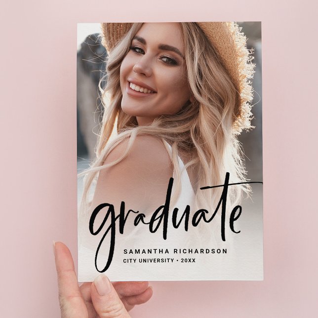 Casual Script Black | Two Photo Graduation Party Invitation Postcard (Creator Uploaded)