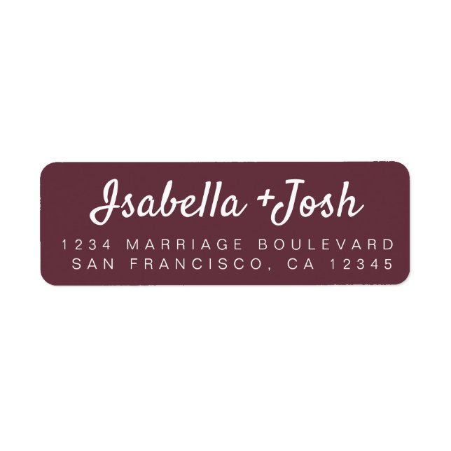 Casual Script Burgundy Wedding Return Address Label (Front)