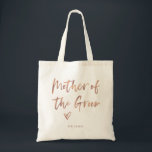 Casual Script | Chic Rose Gold Mother of the Groom Tote Bag<br><div class="desc">This stylish and chic bridal party gift bag features modern,  casual faux rose gold script typography that says "Mother of the Groom, " and a trendy scribbled heart,  with her name in simple bold text. The perfect elegant wedding gift for your entire wedding party.</div>