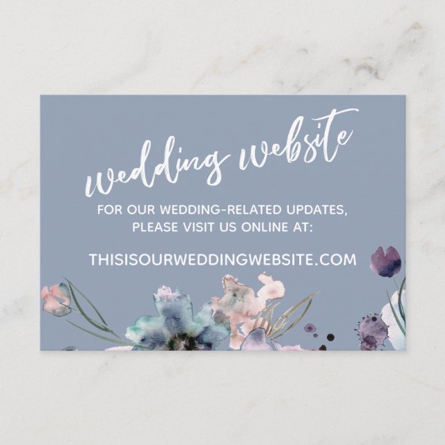 Casual Script Dusty Blue Floral Wedding Website Enclosure Card (Front)