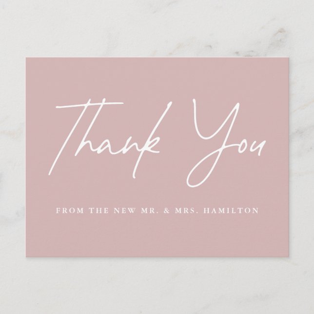 Casual Script Dusty Rose Wedding Thank You Postcard (Front)