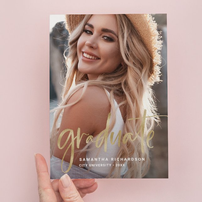 Casual Script Gold | Two Photo Graduation Party Invitation Postcard (Creator Uploaded)