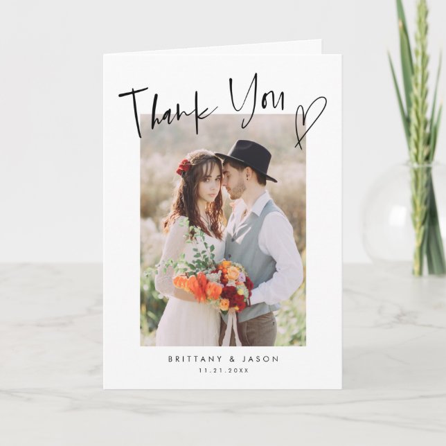 Casual Script Heart Minimalist Wedding Photo Thank You Card (Front)