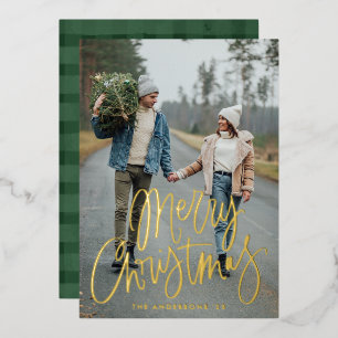Casual Script Merry Christmas Photo Gold Foil Holiday Card