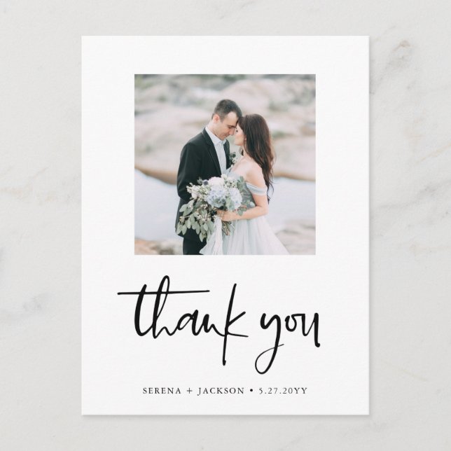 Casual Script | Minimalist Wedding Photo Thank You Postcard (Front)