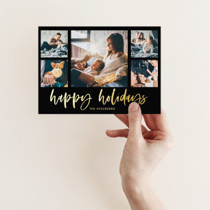 Casual Script Multi Photo Grid Happy Holidays Foil Holiday Card