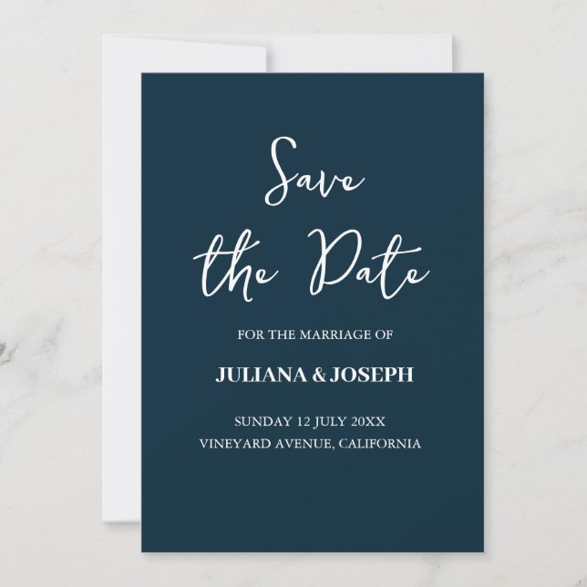 Casual Script Navy Blue Typography Wedding Save The Date (Front)