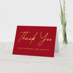 Casual Script Red and Gold Wedding Thank You Foil Greeting Card