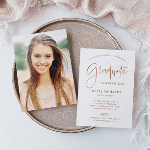 Casual Script Rose Gold and White   Grad Party Invitation