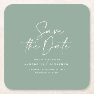 Casual script sage green typography wedding save t square paper coaster